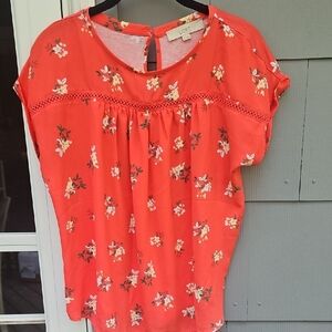 LOFT Orange and Pink Flutter Sleeve Blouse Relaxed Embellished